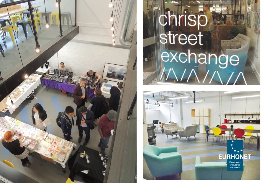 Images inside Chrisp Street Exchange co-working space.