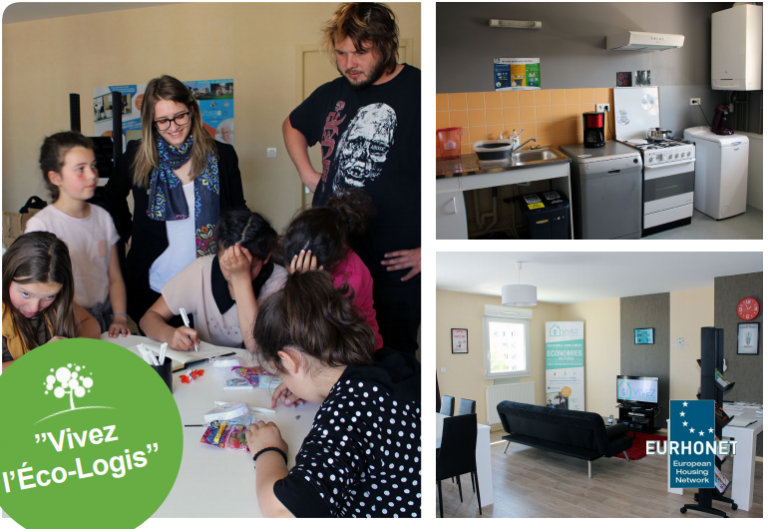 Engage tenants in energy efficiency. Images of an educational apartment and a group standing together smiling.