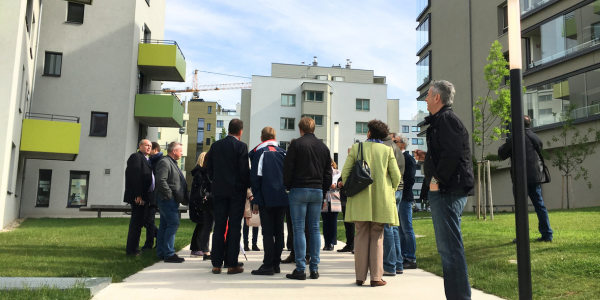 Study visit of public and social housing network. Group of people standing in apartment block complex looking up. The image is bright and colourful as the buildings are green.