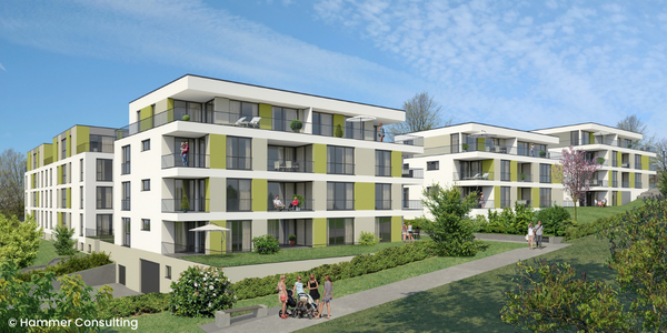 Stadtsiedlung Heilbronn, Germany. Image of modern apartment blocks. Bright contemporary. People meeting outside. 