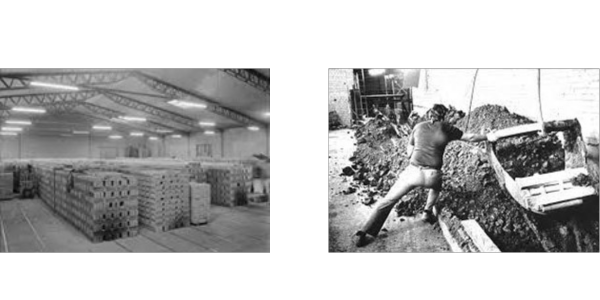 Reusing bricks as building materials in public housing projects. Two images showing brick manufacturing in the region
