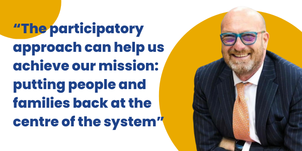 On right, image of ARCA Puglia Centrale's CEO. On left, text reading “The participatory approach can help us achieve our mission: putting people and families back at the centre of the system”