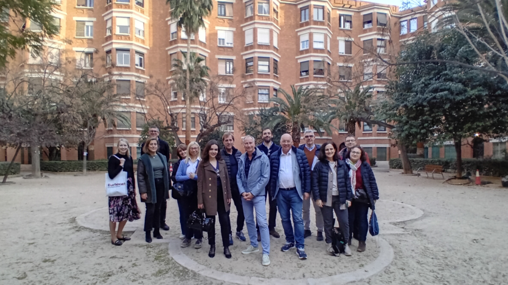 Valencia study visit on cultural heritage and urban development. Group photo in the courtyard of Finca Roja building.